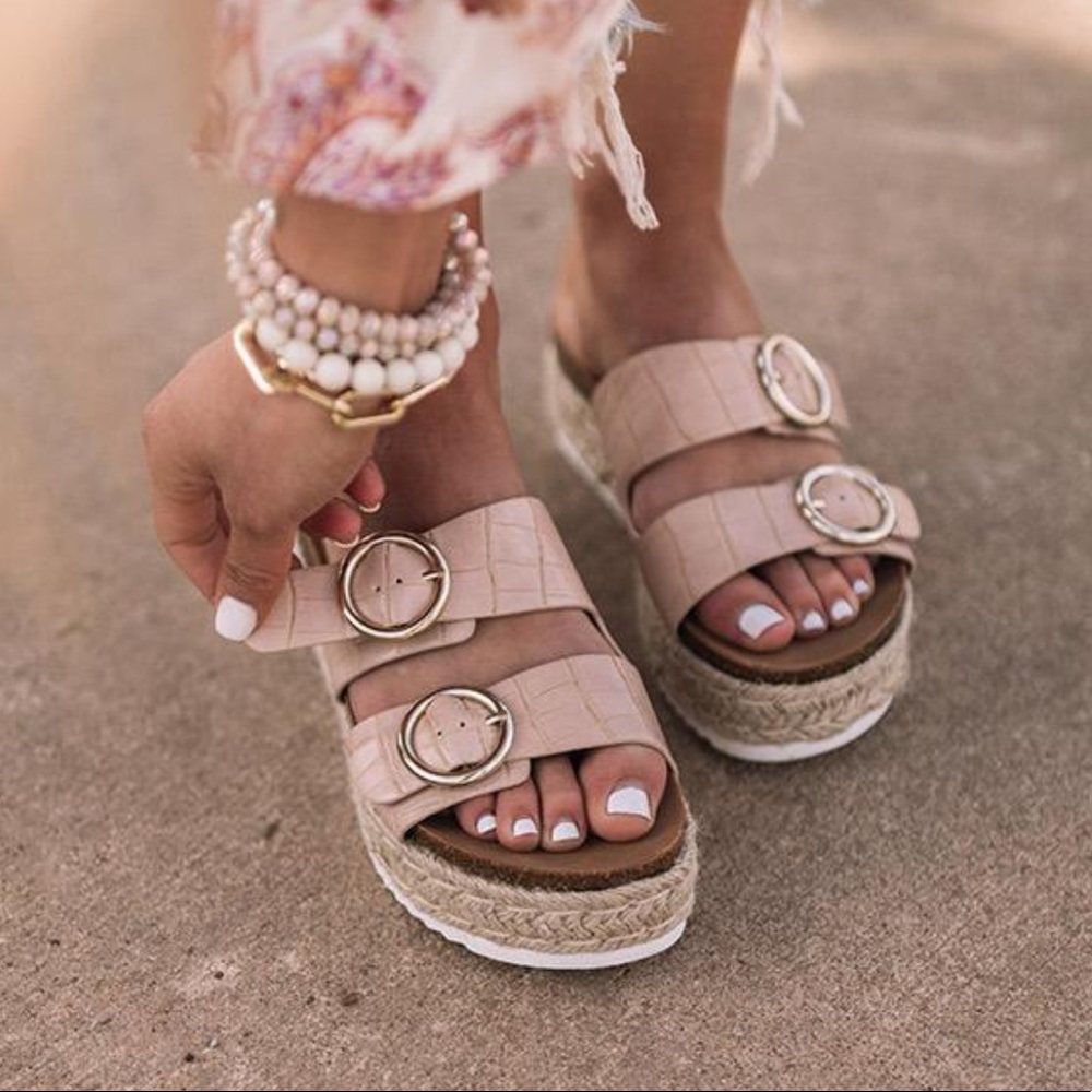 Adjustable Nude Croc Double Buckle Espadrille - Picture 3 of 8